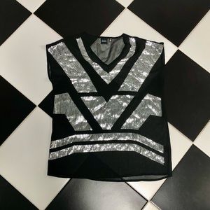 Vintage Saks Black Sheer Silver Sequin Sleeveless Top Mesh 90s Super Model Sz S